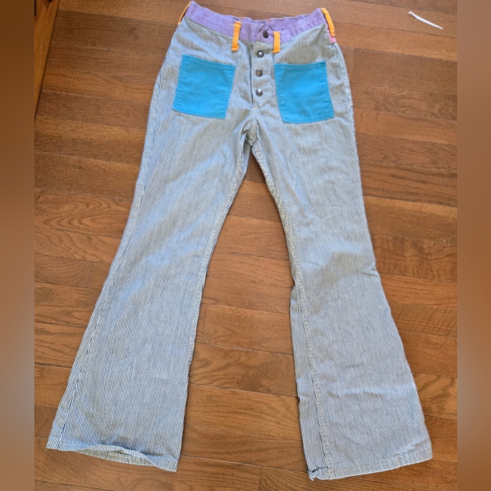 1960s Wranglers Colorblock Flare 26" Waist Women Pinstripe Denim Mod Retro Vtg - Picture 2 of 12
